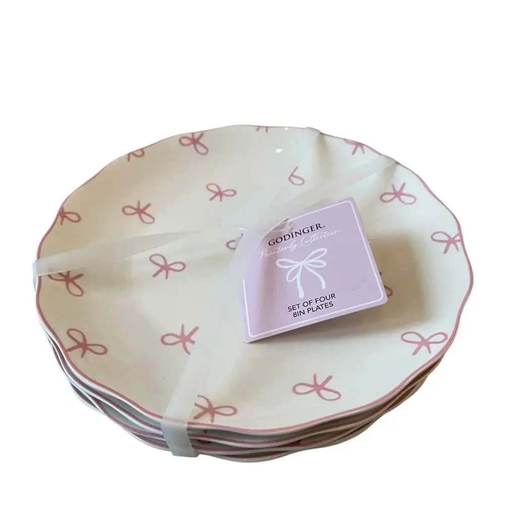 GODINGER Pink Bow 8in Salad Plates Set of 4 NEW